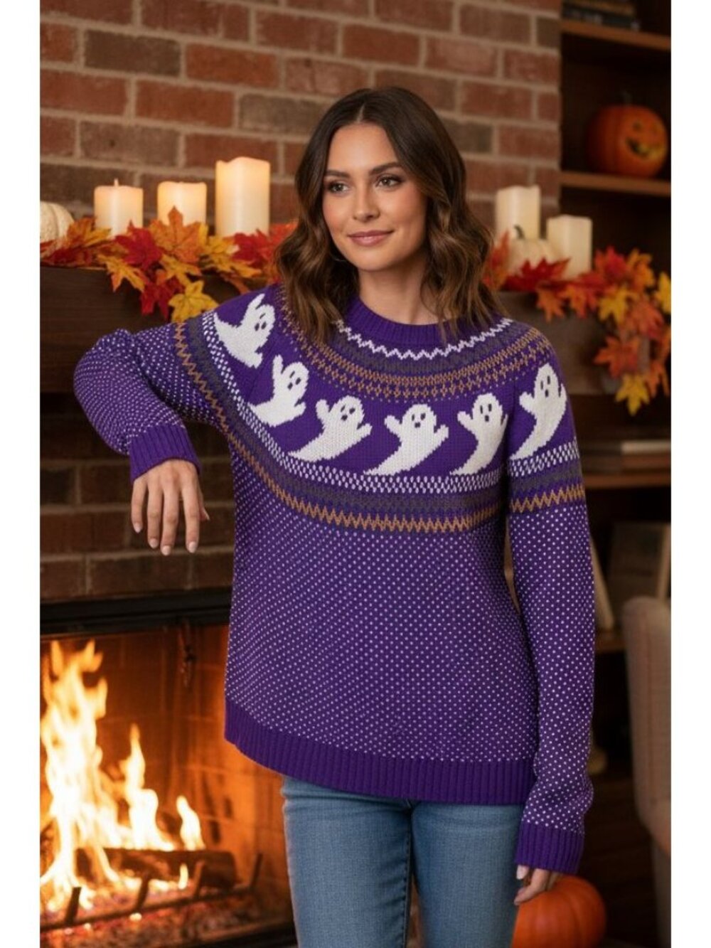 Ghost Fair Isle Nordic Crew Neck Top Long Sleeve Halloween Pullover Knit Sweater